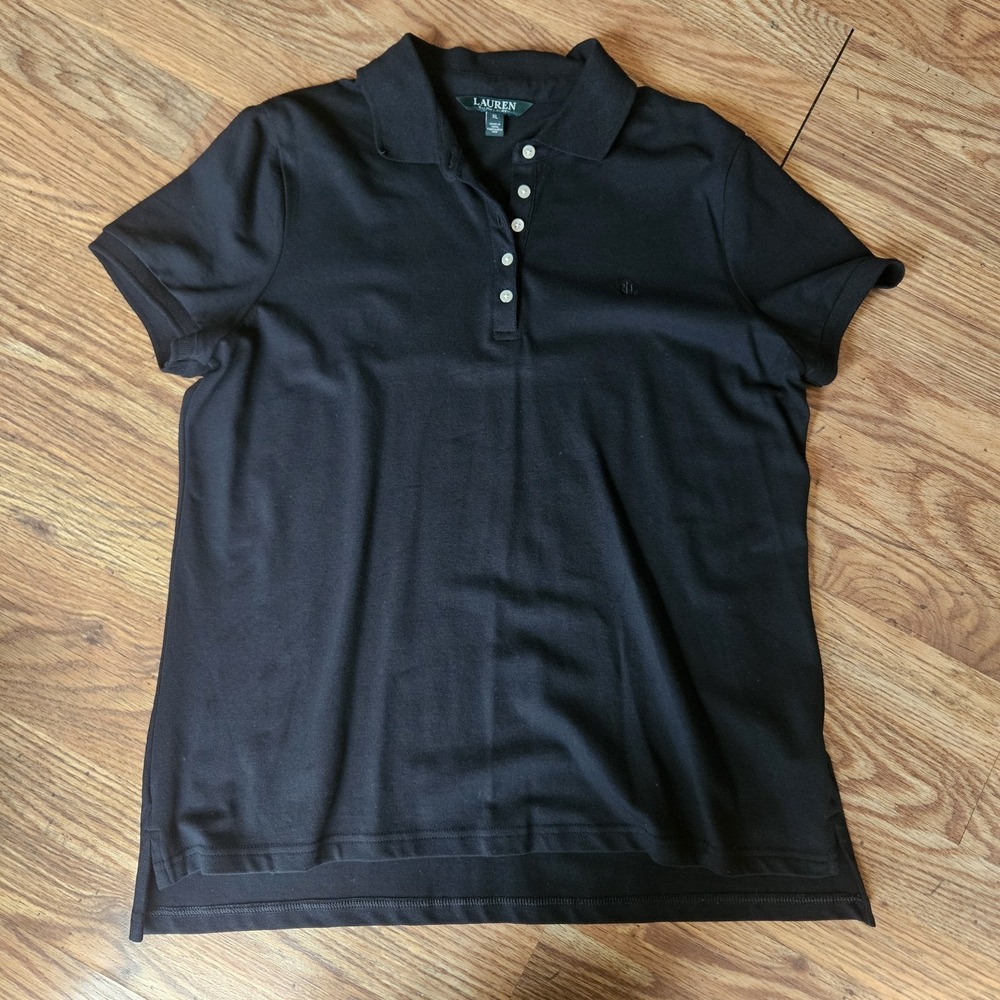 Ralph Lauren LRL Shirt Womens XL Black 1/4 Button Short Sleeve Work Dress Preppy